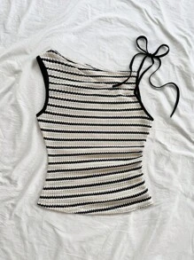 Soleia Women's Vacation Colorblock Striped Knit Asymmetric Neck Fitted Top, Suitable For Party, Christmas, Date, Beach, Cruise, Afternoon Tea, Bohemian, Boho, Romantic Floral Striped Tank Top Summer Tops Women Knit Top Women Knit Tops - Coffee Brown - View 4