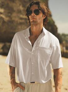 Manfinity VCAY 男士休闲修身条纹短袖衬衫 男士夏季度假装 白色沙滩男士条纹衬衫 夏季度假男士 - 棕色 - 查看 6