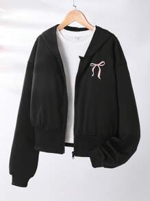 Sparklyn Teen Girl Sweet & Spicy Style Butterfly Print Short Zip-Up Hoodie, Spring/Autumn Fall Winter - Black - View 1