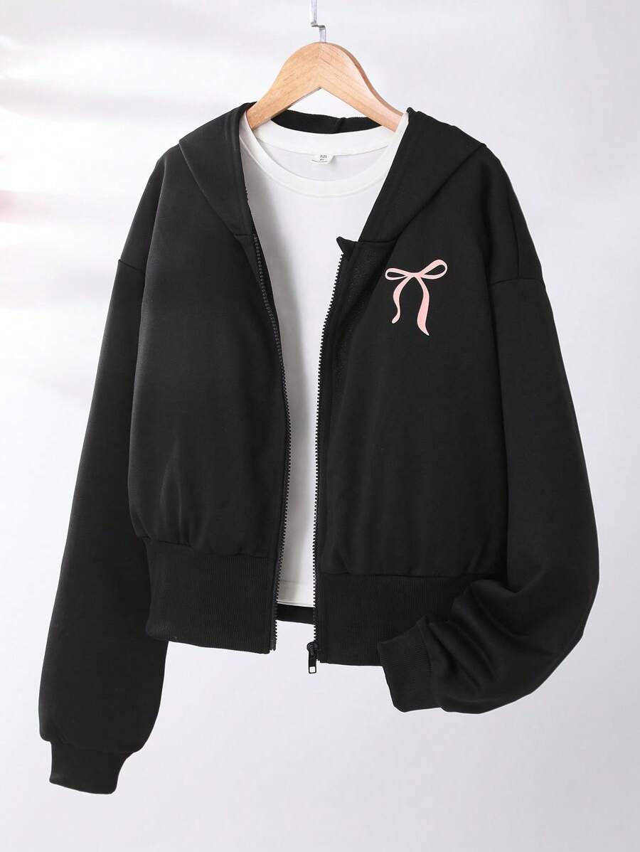 Sparklyn Teen Girl Sweet & Spicy Style Butterfly Print Short Zip-Up Hoodie, Spring/Autumn Fall Winter - Black - View 1