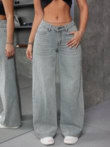 EURMUSE 女式休闲水洗低腰阔腿牛仔裤 - 淺灰色 - 查看 6