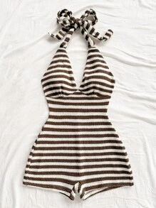 Soleia Women's Vacation Red & White Striped Knit Textured Deep V Neck Tie Front Jumpsuit, Slim Fit, Suitable For Party, Valentine's Day, Date, Layering, Christmas, Beach, Cruise, Festival, Easter, Boho Vacation Knitted Playsuit Beach Playsuit Vacation Outfit - Multicolor - View 6