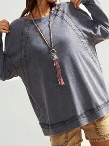 Bohemela Women's Casual Solid Color Knit Crew Neck Loose Washed Sweatshirt In Fall/Winter - Grey - View 3