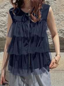 FRIFUL Áo thun không tay lưới khóa kéo nhiều lớp dành cho nữ, dáng rộng thoải mái, năng động cho lễ hội âm nhạc nghỉ dưỡng - Màu xanh hải quân - Xem 3