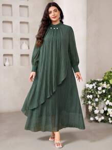 Veilorie Vestido holgado y elegante de manga larga con mangas largas y bajo de unicolor con perlas falsas para mujer de talla grande - Verde Oliva - Ver 2