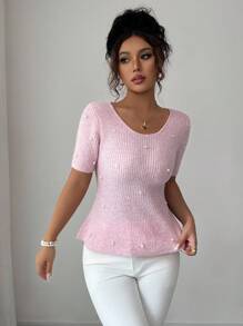 Elenzga Nouveau arrivage Top tricoté à manches courtes avec design mode à clous polyvalent pour femmes, style fille douce pour rendez-vous, automne hiver - Rose bonbon - Voir 5