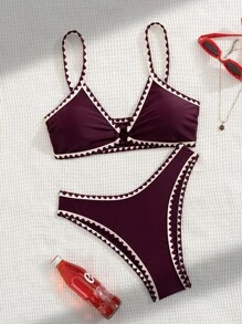 Swim Basics Conjunto de bikini de unicolor de verano con 2 piezas de ribete de concha marina y cintura baja para mujer