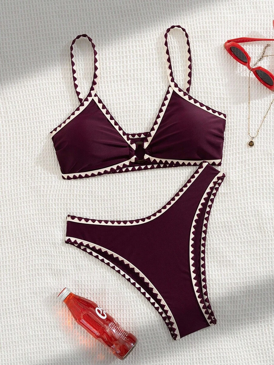 Swim Basics Summer New Solid Color 2pcs Adjustable Strap Seashell Trim & Low Waist Triangle Bikini Swimsuit Set For Women - Burgundy - View 1