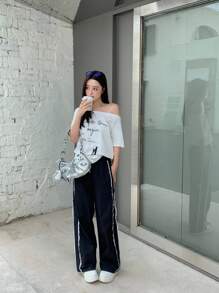 SHEIN Quần dài thường ngày dệt trơn màu chắp vá hai lớp nhún bèo cho bé gái tuổi teen - màu đen - Xem 4