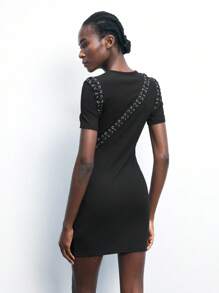 Maija 女士黑色夏季连衣裙，一字肩和超大孔眼系带装饰圆领，时尚都市派对休闲通勤音乐节户外短裙 - 黑色 - 查看 4