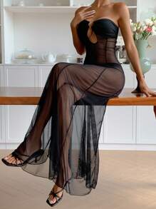 DAZY Cămașă de noapte lungă și sexy, din plasă neagră, cu model patchwork, transparentă, pentru femei