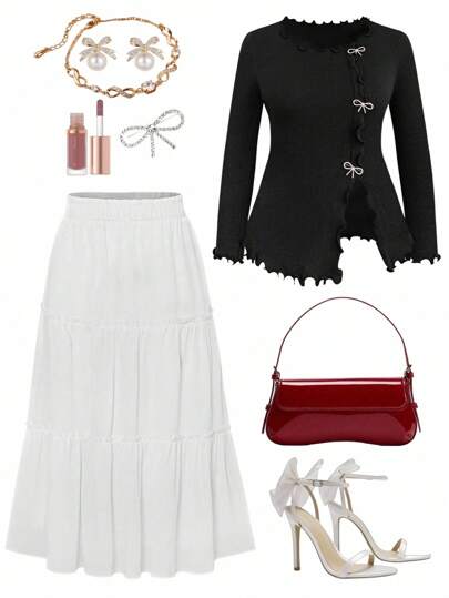 SHEIN Clasi Áo len viền rau diếp đính nơ đính đá thời trang cỡ lớn