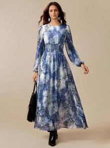 Florisole 波西米亚风女式花卉印花灯笼袖连衣裙 - 藍色 - 查看 7