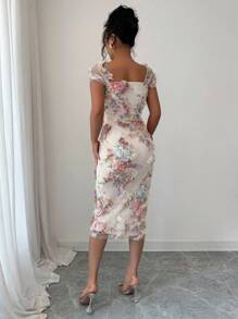 Elenzga Women's Elegant Romantic Mesh Floral Print Ruched Waist Mid-Length Dress, Suitable For Wedding, Party, Date, Shopping And Other Occasions, Spring/Summer