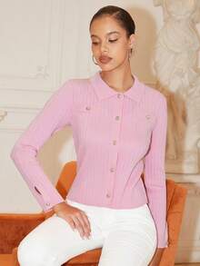 Chiquease Cárdigan casual de mujer de un solo botonadura, de unicolor y de manga larga con costillas - Rosado Sandía - Ver 5