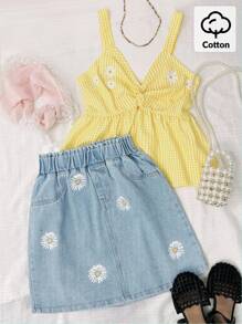 青少年女孩两件套可爱服装套装：休闲黄色格子吊带上衣，搭配雏菊花卉印花和荷叶边下摆，蓝色水洗牛仔雏菊印花迷你裙，活力休闲派对装，春夏 - 黃色 - 查看 6