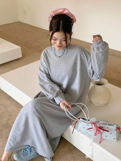 Dazy Plus Plus Size Women Lantern Sleeve Loose Long Knit Sweatshirt Dress, Spring/Autumn Long Sleeve Dress