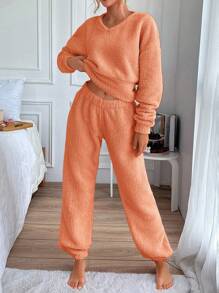 RueChic Solid Drop Shoulder Teddy Pullover & Pants - Orange - View 3