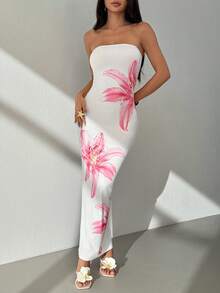 SHEIN PETITE Women's Elegant Floral Print Strapless Dress, Summer