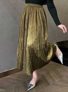 Dazy Plus Plus Size Elastic Waist Velvet A-Line Pleated Skirt, Elegant For Formal Events Fall Skirts - Khaki - View 7