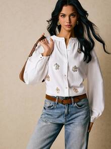 Poéselle Blouse en coton brodée d'œil du mal de style boho - Chemise à manches ballons à boutons blancs, Top boho brodé, Blouse blanche pour femmes, Chemise à manches ballons, Broderie motif œil, Blouse cottagecore, Festival femmes, Chemise mode à manches longues à paillettes motif œil pour femmes, Costumes d'Halloween, Automne femmes - Blanc - Voir 8