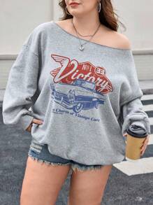 SHEIN CURVE+ 大码女式休闲印花露肩卫衣女装秋装、冬装、CURVE PLUS 女式卫衣灰色卫衣露肩卫衣可爱卫衣复古汽车卫衣 - 灰色 - 查看 8