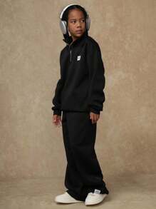 SHEIN Explorewe 2pcs/Set Tween Girls Fashion Black Half Zip Funnel Neck Drop Shoulder Fleece Sweatshirt & Straight Leg Casual Pants, Suitable For Warm, Family Gathering, Travel, School, Outdoor, Daily Casual Wear, Autumn/Winter,ChicAutumn,Halloween, Christmas - Black - View 4