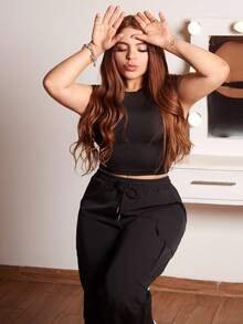 Lupita Cardoza 女士纯色口袋设计宽松百搭工装裤 Y2k - 黑色 - 查看 6