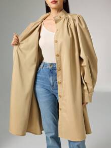 Heiryn 蝴蝶结腰身喇叭灯笼袖高端女式外套，适合秋季穿着 - 卡其色 - 查看 7