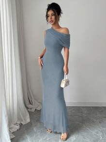 Modelyn Đầm lưới cổ lệch không tay thắt eo thanh lịch cho nữ - Xám Xanh - Xem 6