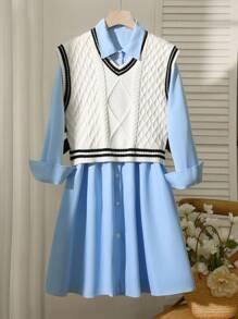 Set de vestido camisa informal y chaleco de punto para niñas, 2 piezas - Blanco - Ver 7