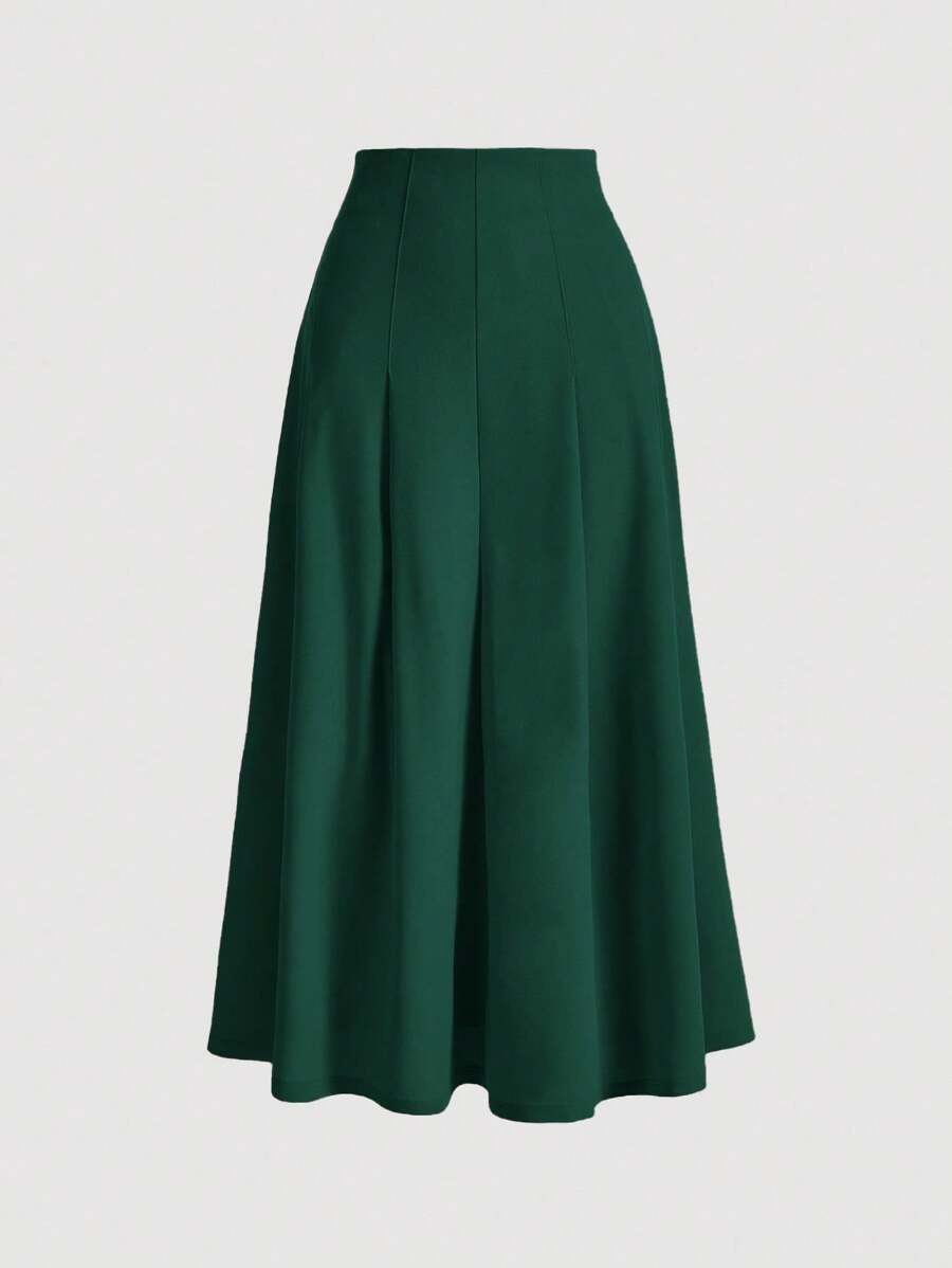 SHEIN MOD 女士优雅纯色褶皱 A 字裙，适合通勤 - 墨綠色 - 查看 1