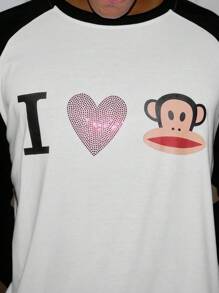 ROMWE MEN Paul Frank X ROMWE Men Rhinestone Detail Letter Cartoon Pattern Contrast Raglan Long Sleeve T-Shirt, Fall, 2000s Style