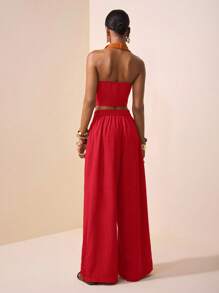 Zivah 2025 春夏新款音乐节、复活节、圣帕特里克节、西部风、游牧风、生日派对、毕业典礼、学院风、学生装、日常休闲、百搭百搭、休闲、邮轮旅行、海滩、日光浴、病毒式传播、街头服饰、婚礼嘉宾波西米亚风、通勤、早午餐、机场装 - 棕色纹理面料不对称结饰设计尖头上衣、喇叭领上衣和阔腿裤套装 - 紅色 - 查看 2