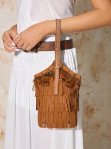 SHECARRY Women's Bohemian Tassel Design Fashion Handbag, Suitable For Vacation - Brown - View 9