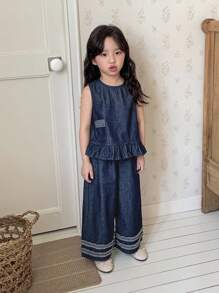 Dazy Kids 女童无袖上衣和牛仔裤套装 - 藍色 - 查看 3