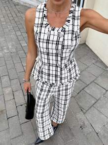 Siren Gaze Women's Business/Work Commute Plaid Tweed Trousers White White Casual Check - White - View 5