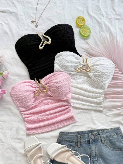 Soleia 3 Stücke, kurzes Camisole-Top für Damen im Urlaubsstil mit strukturiertem Strickmuster und Metallschnalle mit hohlem Herzdekor, taillierte, schmale Passform, geeignet für Weihnachten, Verabredungen, Nachtclubs, Strand, Kreuzfahrten, Nachmittagstee, Bohemian-Stil, Boho-Stil, Urlaubs-Tube-Tops, trägerlose Tops, Sommer-Tube-Tops, süße Tube-Tops, Tube-Top-Sets