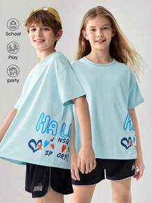 JNSQ Camiseta Esportiva Casual Solta para Volta às Aulas, Camiseta Esportiva Casual Solta com Estampa Gráfica Divertida de Letra de Gola Redonda para Crianças - Azul bebê - Visão 1