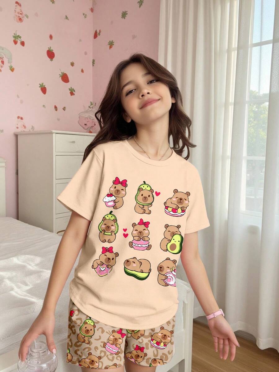 SHEIN 可爱水豚和豹纹,牛油果色、粉色和棕色,卡哇伊风格,少女休闲简约圆领短袖短裤睡衣套装,适合夏季 - 彩色 - 查看 1