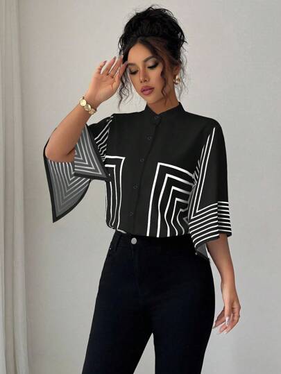 Elenzga Stand Collar Digital Printed Geometric Lines Pattern, Asymmetrical Sleeve French Elegant Blouse, Suitable For Spring/Summer Vacation