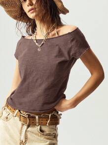 Bohemela 女式纯色针织船领修身水洗T恤 - 咖啡棕 - 查看 3