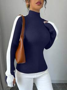 SHEIN Raffinéa Color Block Stand Collar Minimalist Knit Sweater Knit Pullover Fall Winter - Navy Blue - View 4
