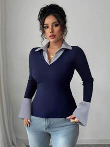 Elenzga 女式加大码优雅撞色领口和袖口设计修身高弹力罗纹面料时尚休闲长袖 T 恤 - 彩色 - 查看 6