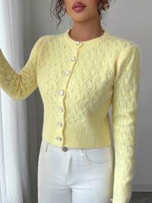 Elenzga Nuevo cárdigan corto de mujer de cuello redondo con diseño de botones, de color crema amarillento, suave y ajustado, de moda para citas y uso diario, para otoño/invierno - Amarillo - Ver 4