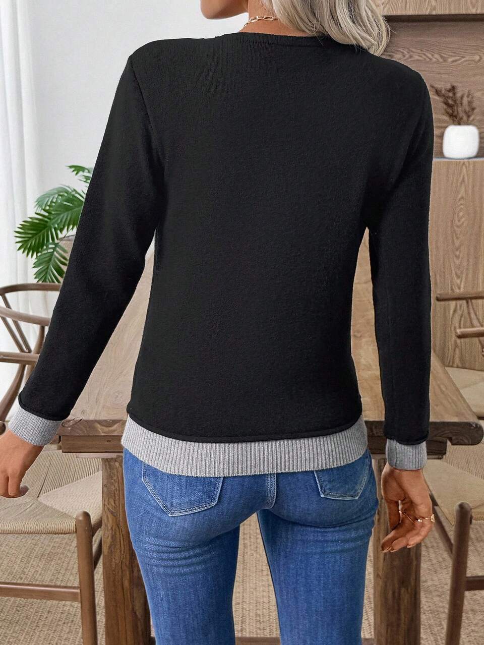 Women's Knitted Long Sleeve Crew Neck Pullover Patchwork Contrast Color Versatile Base Layer Black Sweater,Autumn Basic Casual School Back-To-School