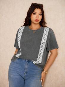 Elaquor Damen Große Größen Lässig Mode Street Spitze Patchwork Kurzarm Washed T-Shirt, Sommer - Grau - Übersicht 6