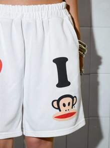 Paul Frank X ROMWE 女士休闲字母和猴子印花松紧腰短裤，夏季 - 白色 - 查看 10