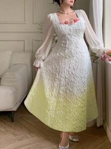 Modelyn Vestido Elegante de Decoração Floral 3D Ombré Plus Size