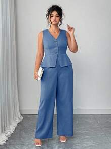 SHEIN Tall Conjunto de 2 piezas de talla grande para mujer: chaleco de solapa única y pantalones lisos para ir al trabajo - Azul Marino - Ver 1